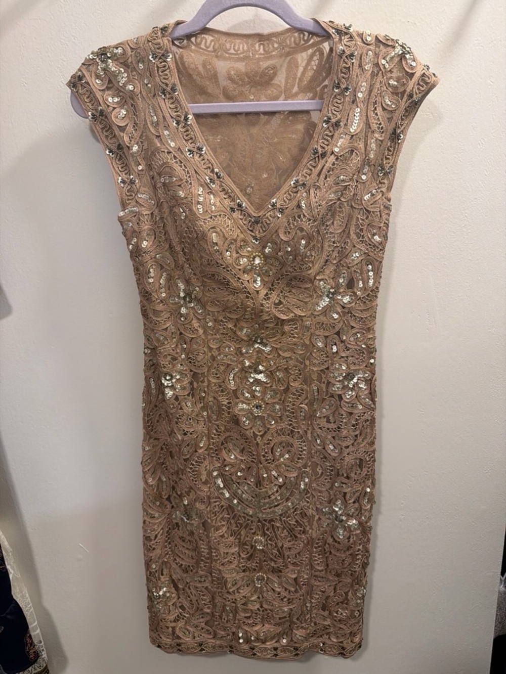 Sue Wong Sequined Lace Midi Dress in Nude Gold